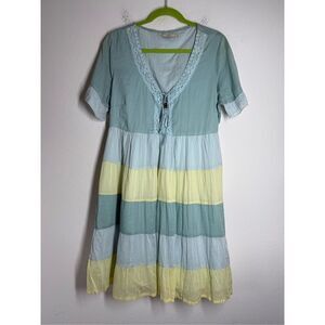 Cream Women’s Bohemian Babydoll Dress Colorblock  Lined Cotton Dress Sz L *Notes